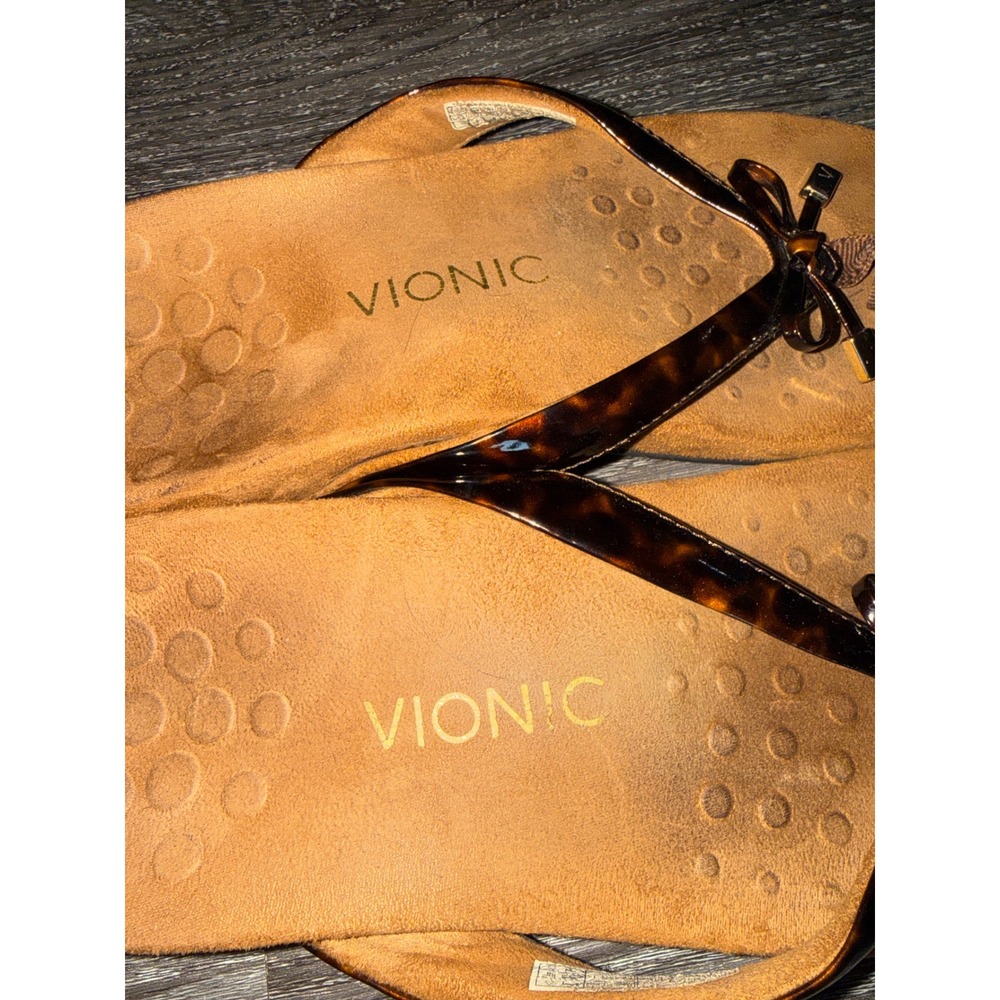 Vionic Bella Tortoise Shell Orthotic Flip Flop Sandals Brown Bow Womens 8